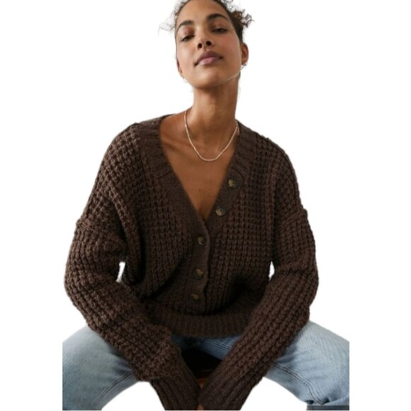 Free People Oversized Whistle Thermal Henley Sweater Brown - Picture 9 of 13